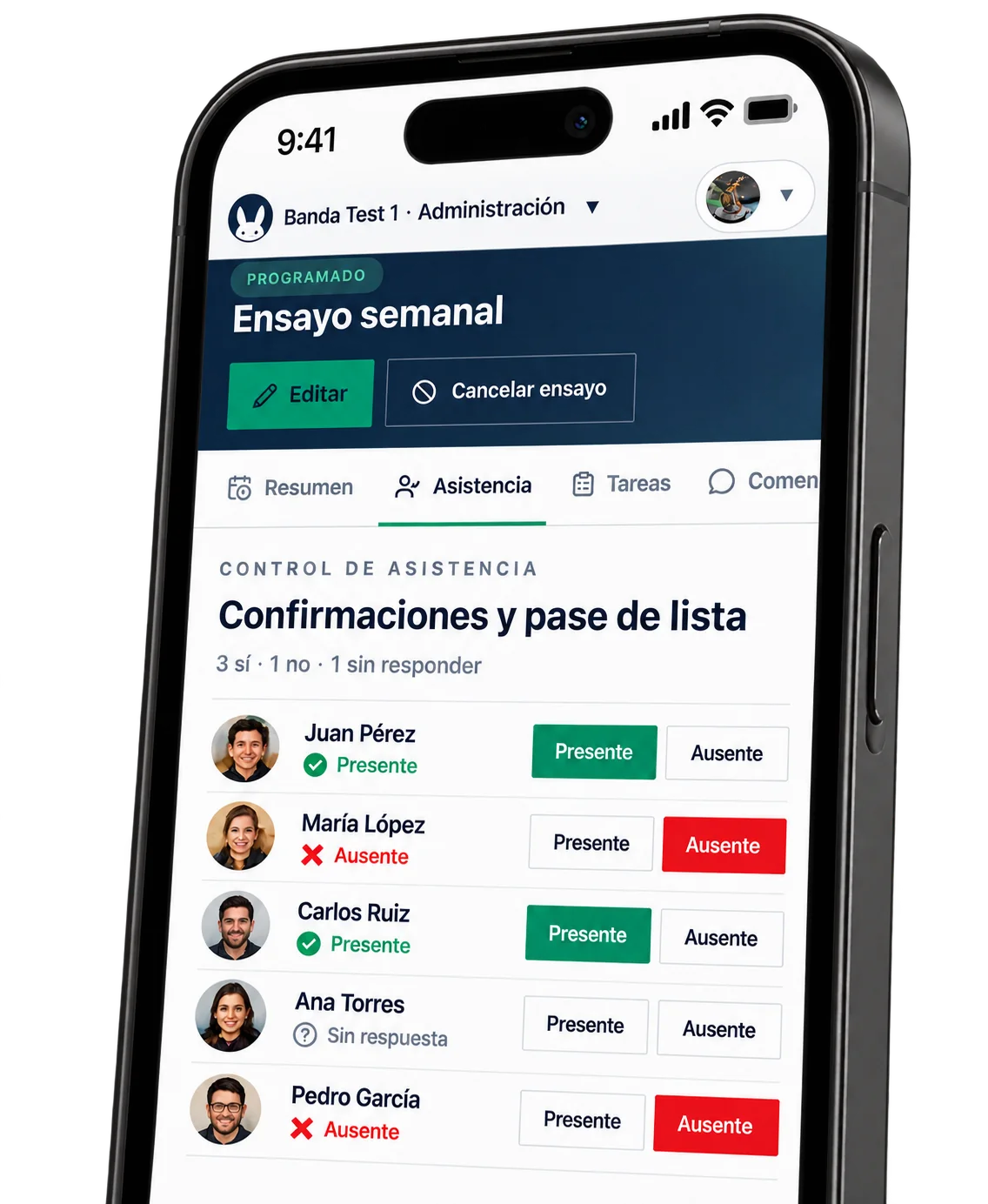 Pantalla de asistencia de Mukiro con miembros presentes, ausentes y sin respuesta