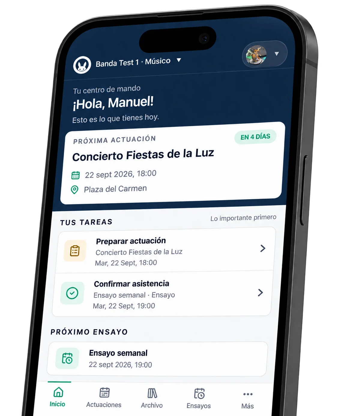 Inicio de Mukiro para un músico con la próxima actuación, tareas y próximo ensayo