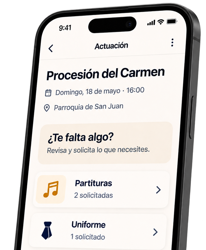 Pantalla de actuación de Mukiro con solicitudes de partituras y material