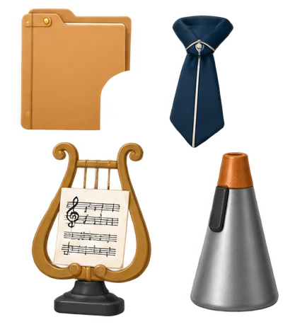 Material de banda como carpeta, corbata, lira y metrónomo