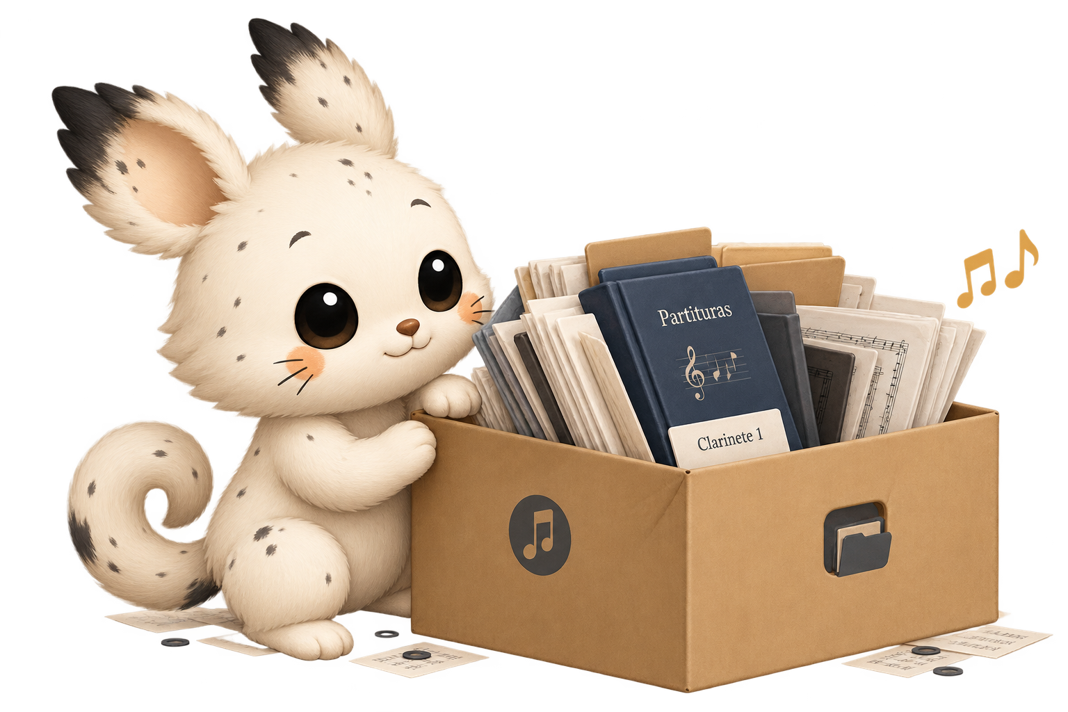 Muki organizando una caja con partituras y material