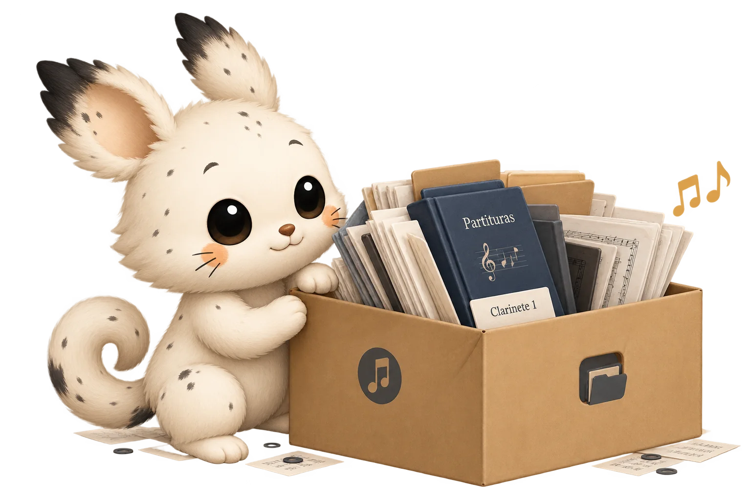 Muki organizando una caja con partituras y material